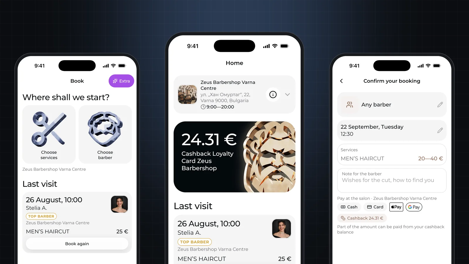 Zeus Barbershop app screens